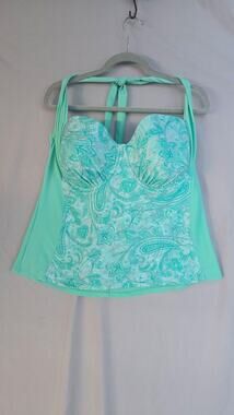 Collections By Catalina Swim Tankini Top Womens 2X Green Paisley Halter Padded